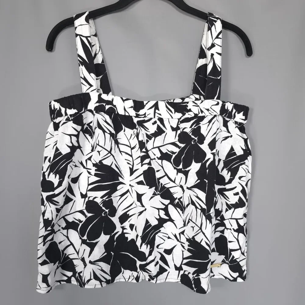 MICHAEL KORS Womens New Set Tank Top Shorts MEDIUM Black White Linen QS540TLHF0